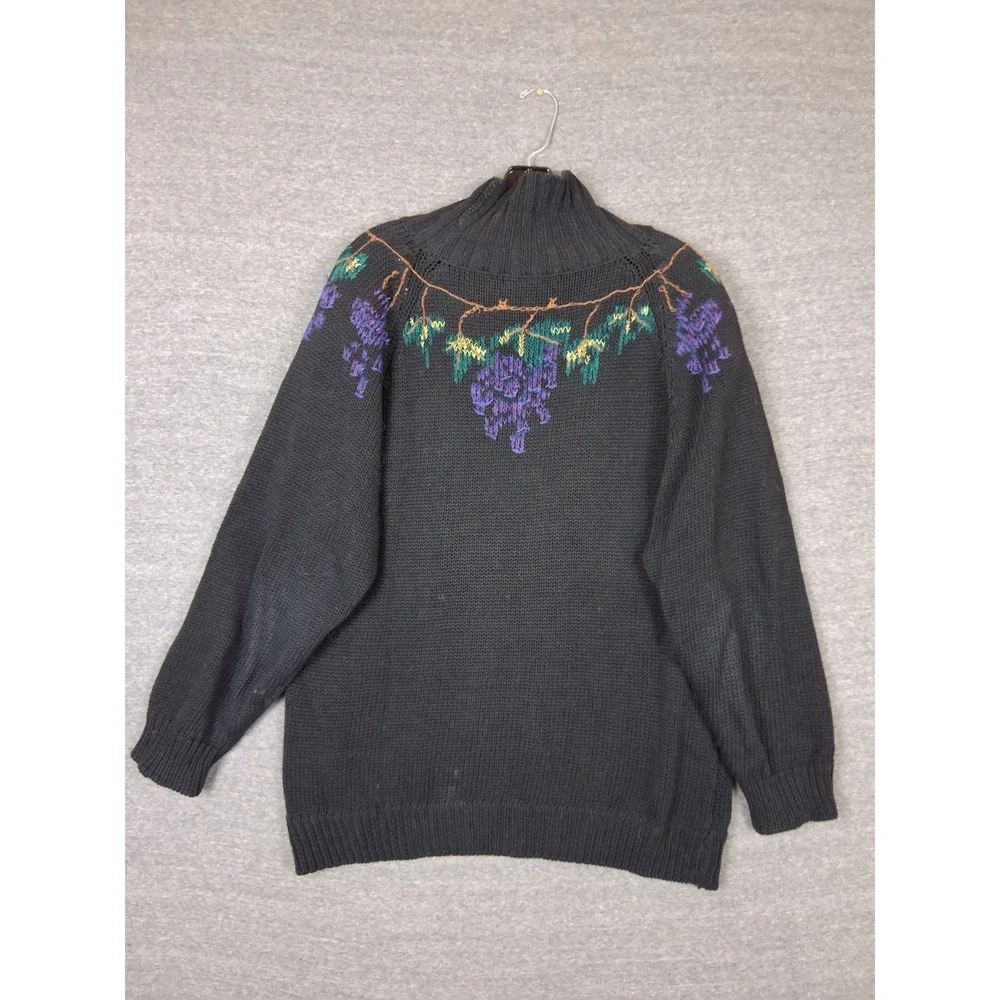Cambridge Womens Sweater Large Black Grape Vine Embroidered Turtleneck VTG‎